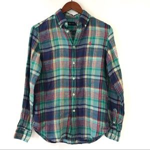 Ralph Lauren Madras Plaid Casual Button Front Men's Shirt Small 100% Linen Blue